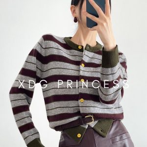 altacanvas S-XL  Striped Colorblock Knitted Sweater Cardigan Autumn and Winter Women's Contrast Color Warm High-grad