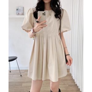 altacanvas S-XL  Korean Chic Simple Solid Color Design Sense Lantern Sleeve Pleated Dress Puff Sleeve High Waist Sho