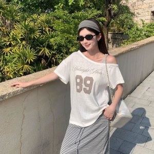 altacanvas S-XL  Original snowflake cotton off-shoulder short-sleeve T-shirt for women, summer 2026—new design, rela
