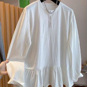 altacanvas M-4XL  21 pts cotton extra large size 150.00kg high sense white ruffled t-shirt women's long sleeve 2026 n