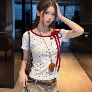 altacanvas S-XL  40 PCs 92 Cotton 8 Spandex Red Love Wave Dot Short Sleeve T-Shirt Women's Summer Strap Shoulder Top