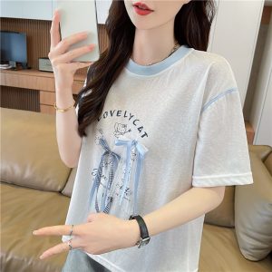 altacanvas M-2XL  Crewneck Short-sleeved T-shirt Women's Net New Printed Color-inserted Snowflake Cotton Bow