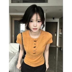 altacanvas S-XL  Original Slub Cloth Same Handmade Buckle Summer Corner Buckle Slub Cotton T-shirt Slim-fit Orange T