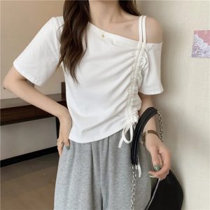 altacanvas S-XL  2026 New Shoulder Drawstring Short-sleeved T-shirt Women's Summer Chic Spice Girls Clavicle Shoulde