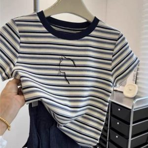 altacanvas M-2XL  Original Fabric 2026 Summer New Contrast Striped Short-sleeved T-shirt Women's Top